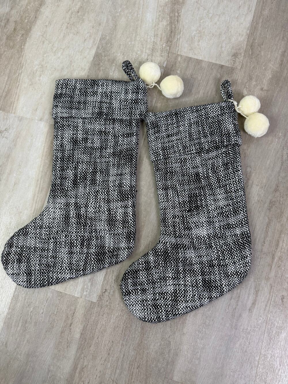 Hearth & Hand Set of Black & White tweed Christmas Stockings With Pom Poms